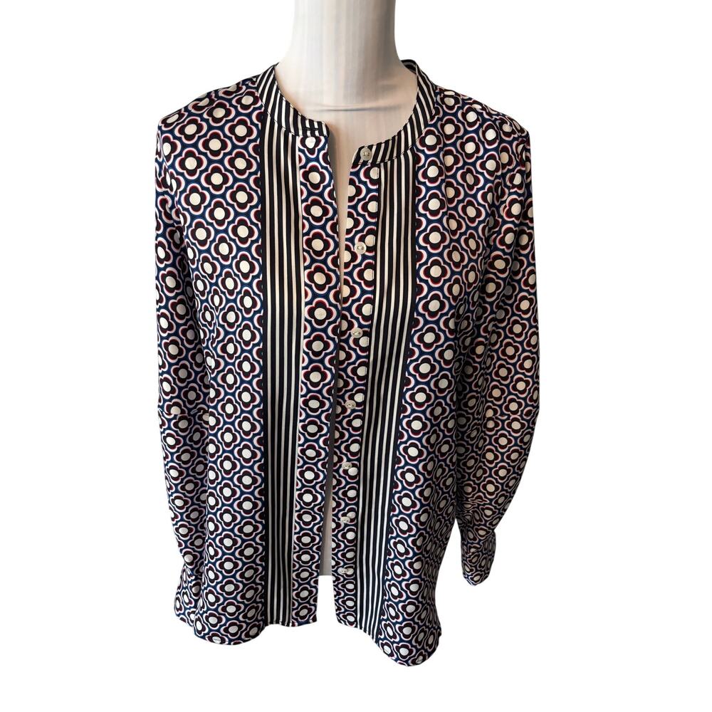 Tommy Hilfiger Navy & White Patterned Button Up Blouse Size M